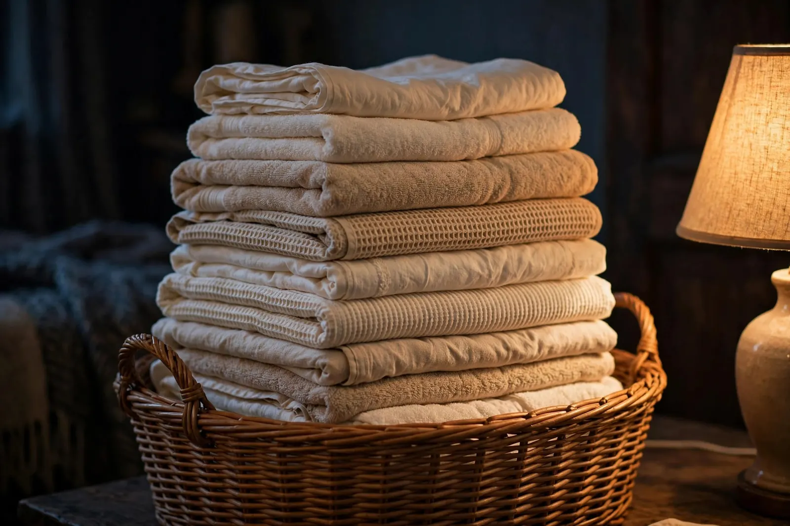 Freshly folded linens stacked in a laundry basket under lamplight