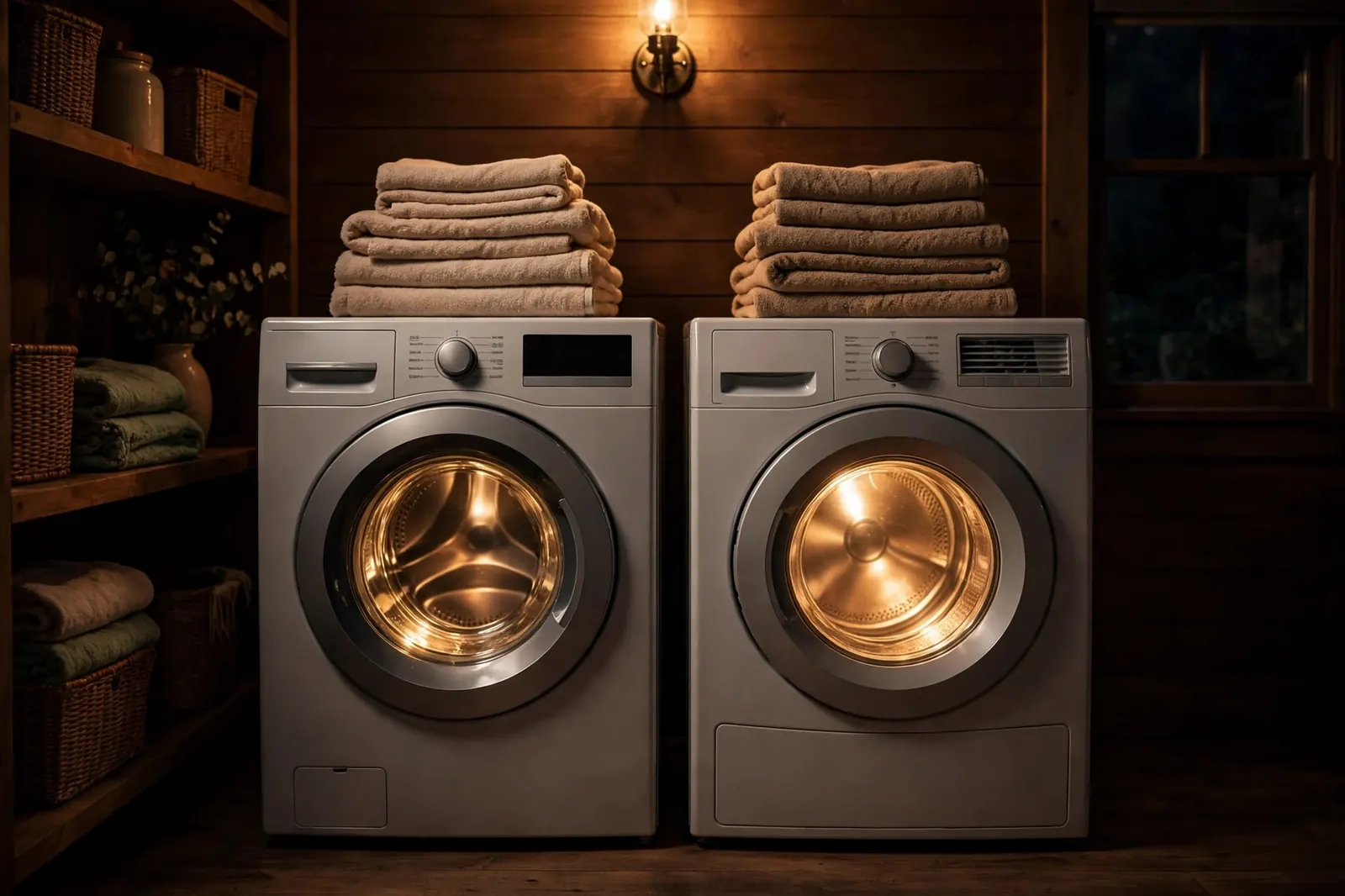 A washer and dryer standing side by side in a warm laundry room at night